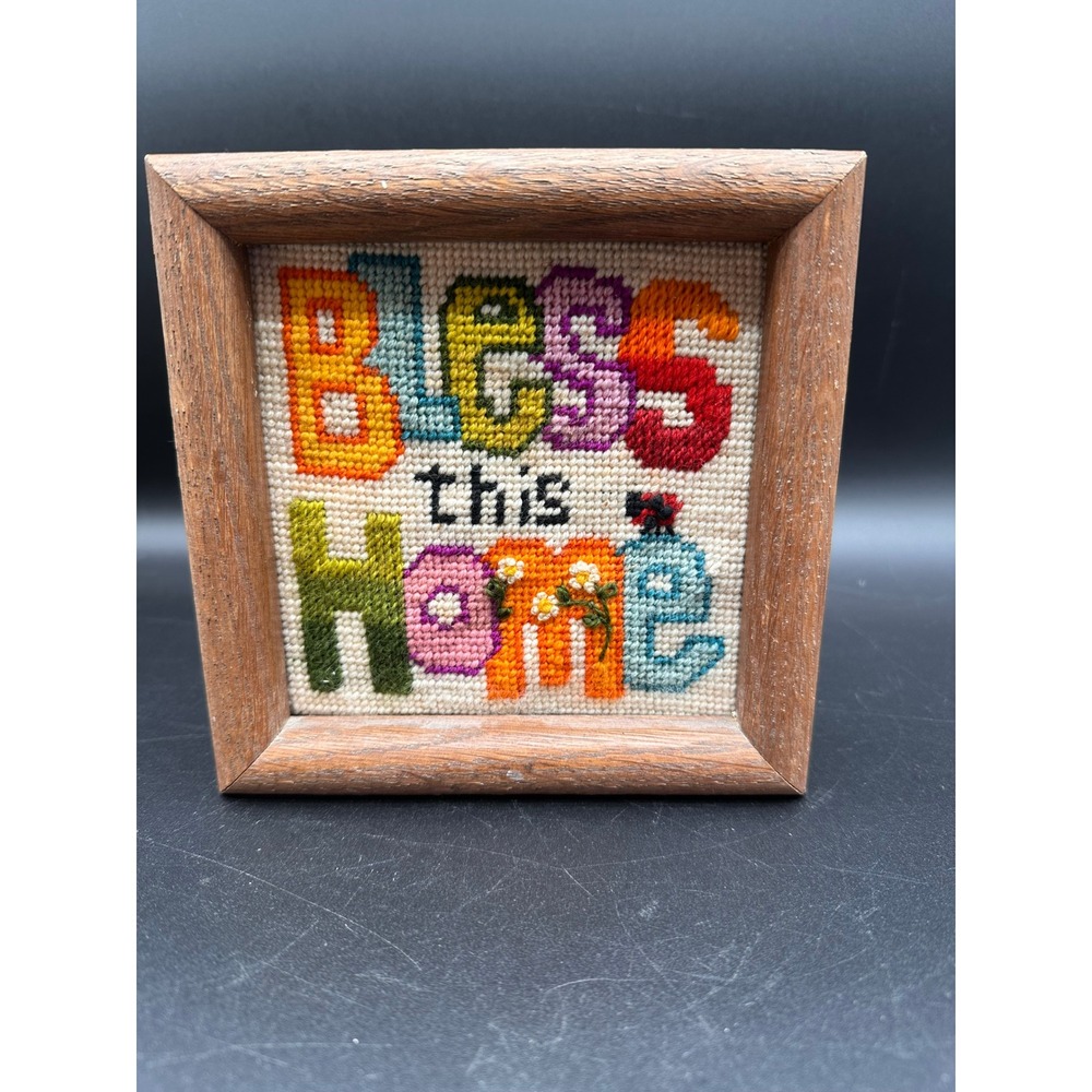 Vintage Bless This Home Needlepoint Framed Wall Art 7" x 7" Multi Color Wood